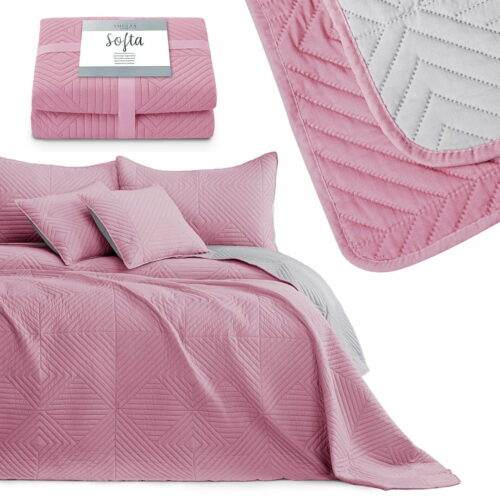 Narzuta na łóżko pikowana 240×260 Softa dwustronna różowy/szary